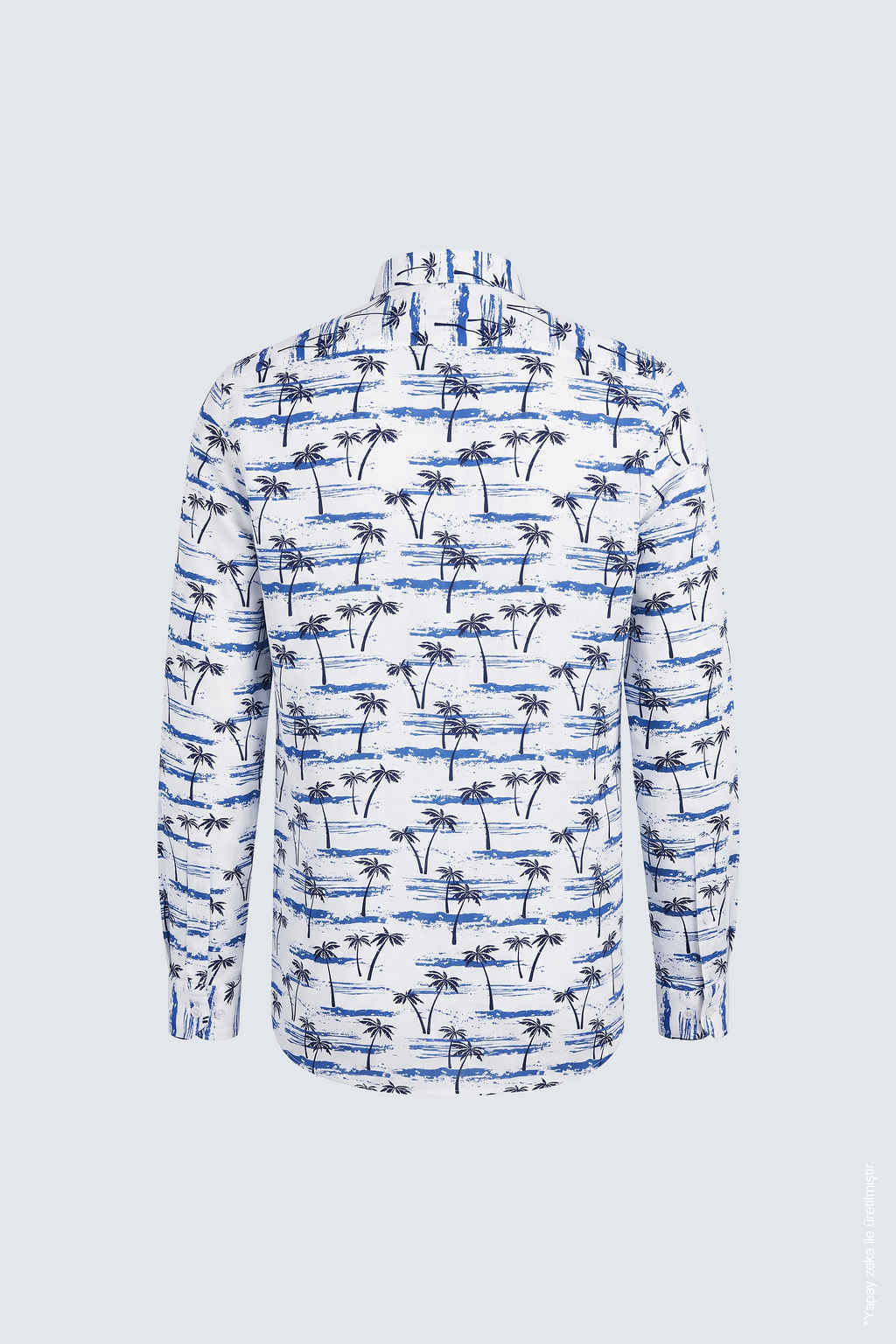 Beyaz Mavi Palmiye ve Sahil Desenli Slim Fit Erkek Gömlek
