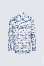 Beyaz Mavi Palmiye ve Sahil Desenli Slim Fit Erkek Gömlek