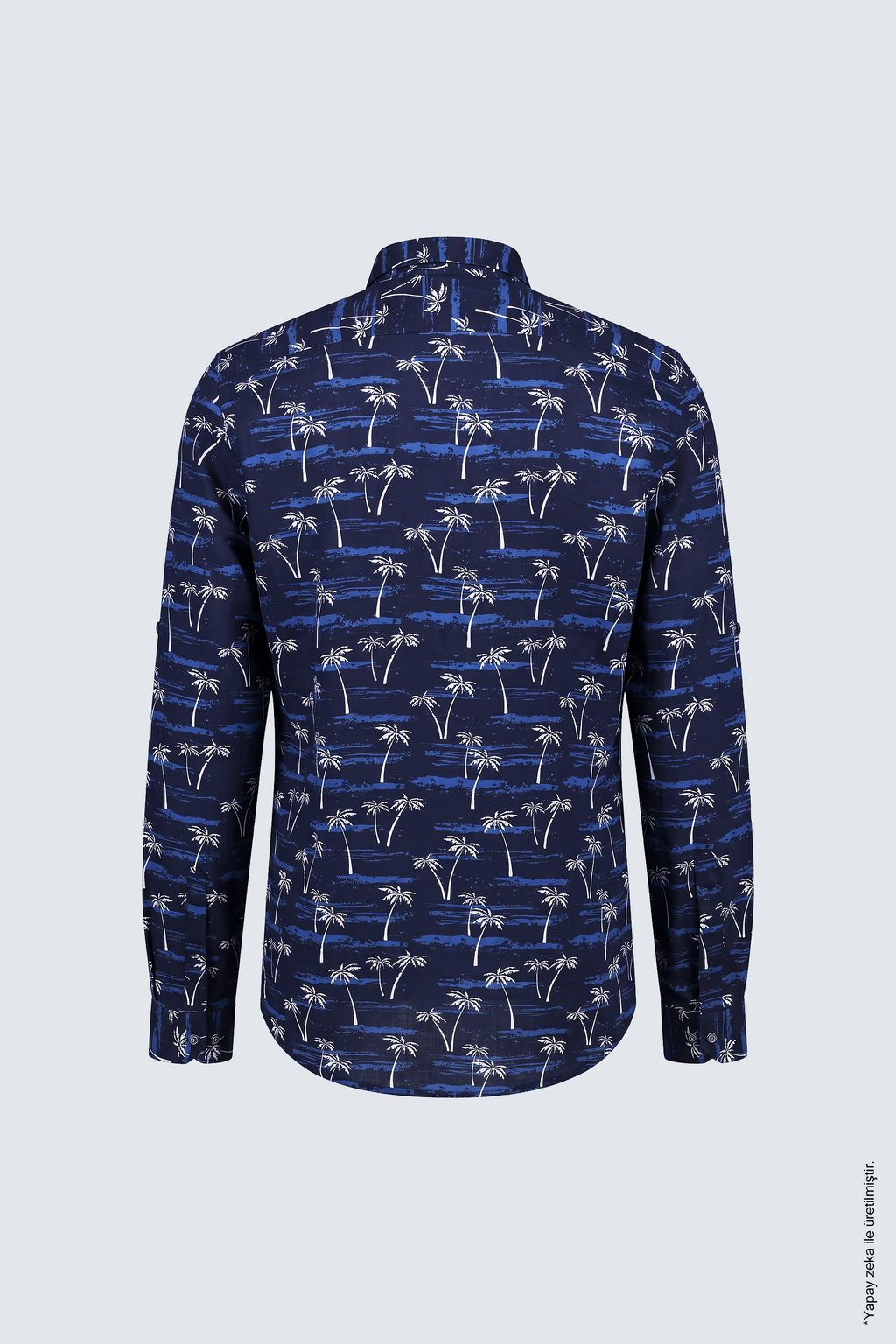 Lacivert Palmiye ve Sahil Desenli Slim Fit Erkek Gömlek