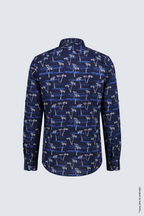 Lacivert Palmiye ve Sahil Desenli Slim Fit Erkek Gömlek