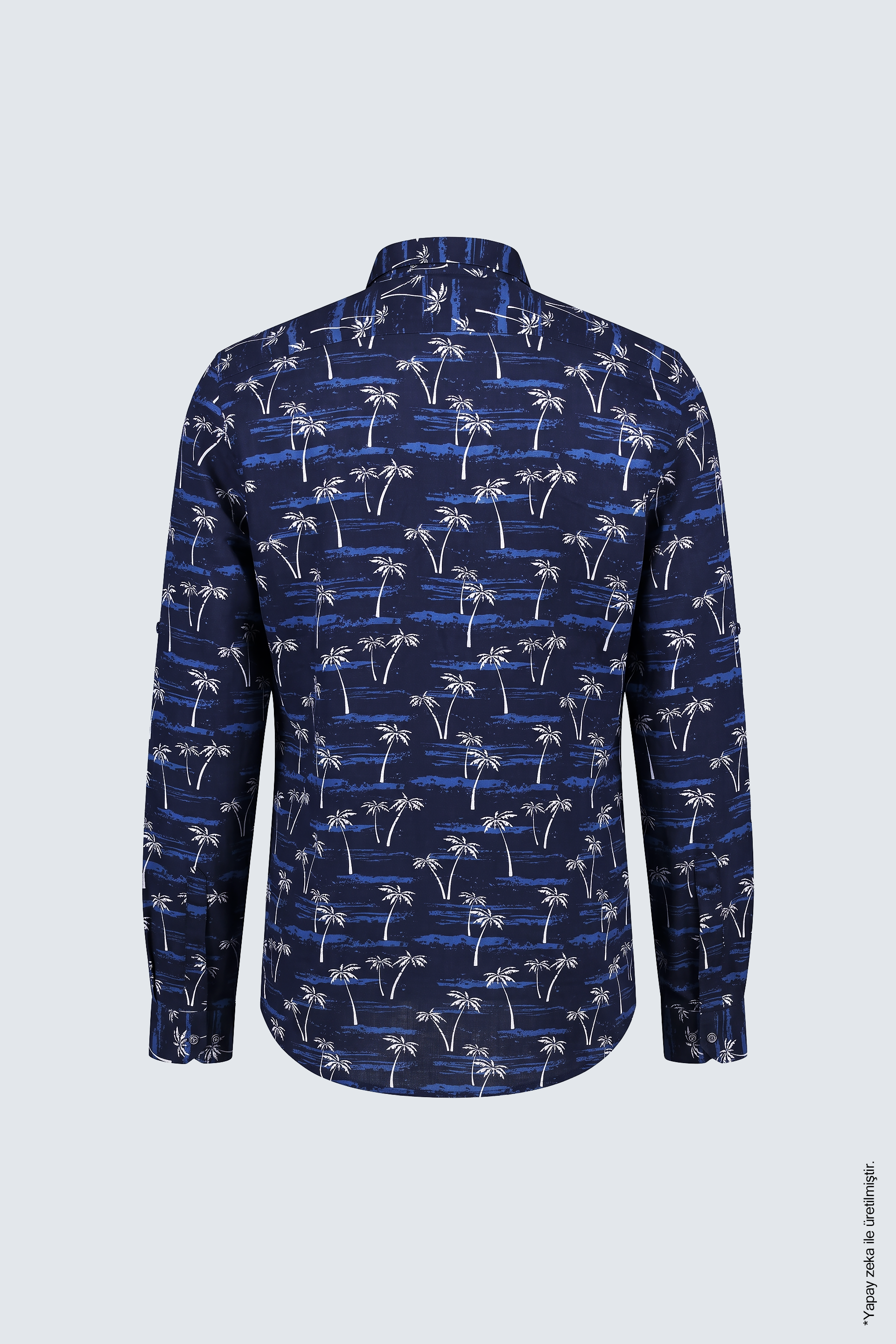 Lacivert Palmiye ve Sahil Desenli Slim Fit Erkek Gömlek