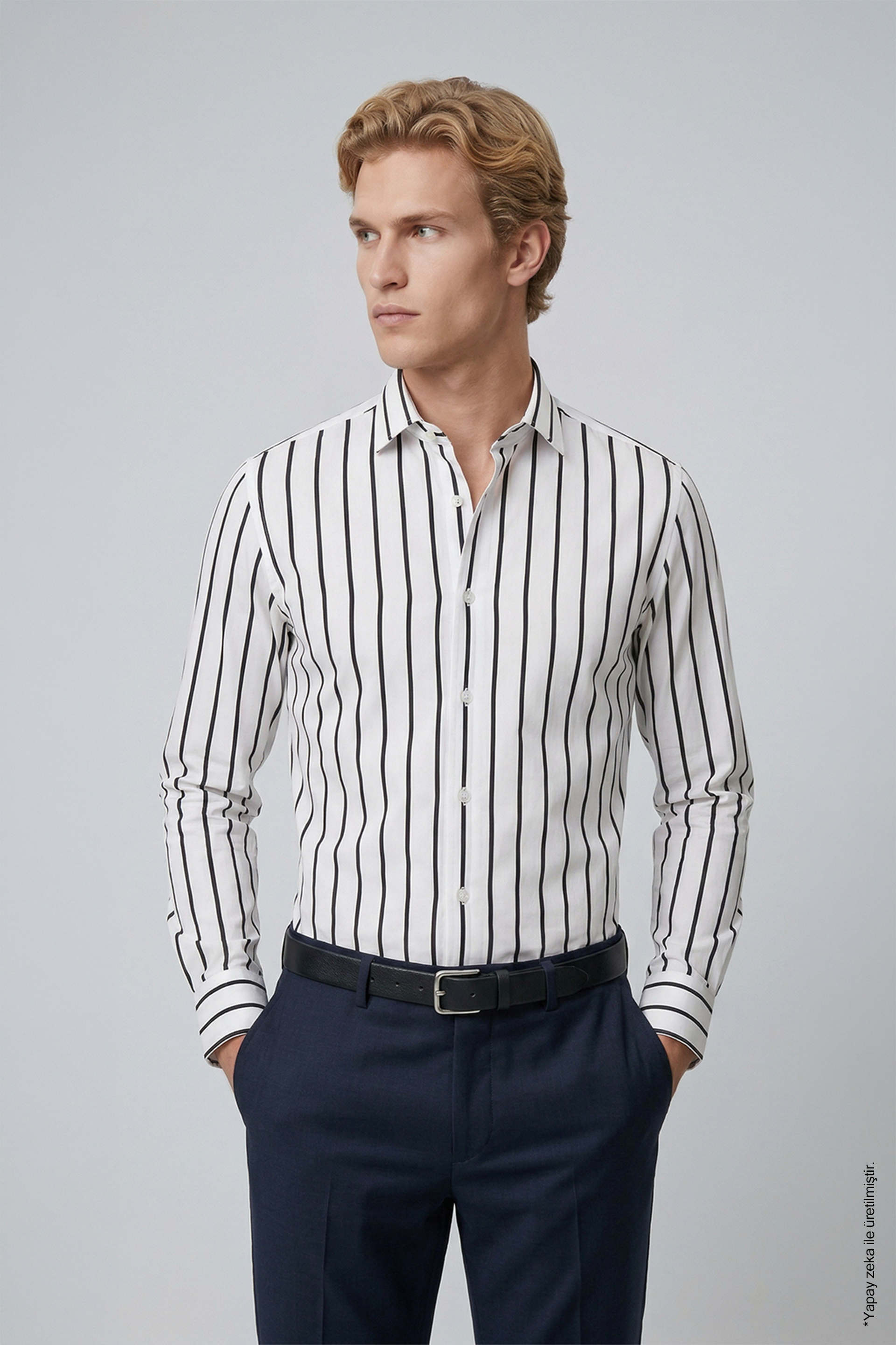 Siyah Çizgili Erkek Gömlek – Slim Fit Pamuk