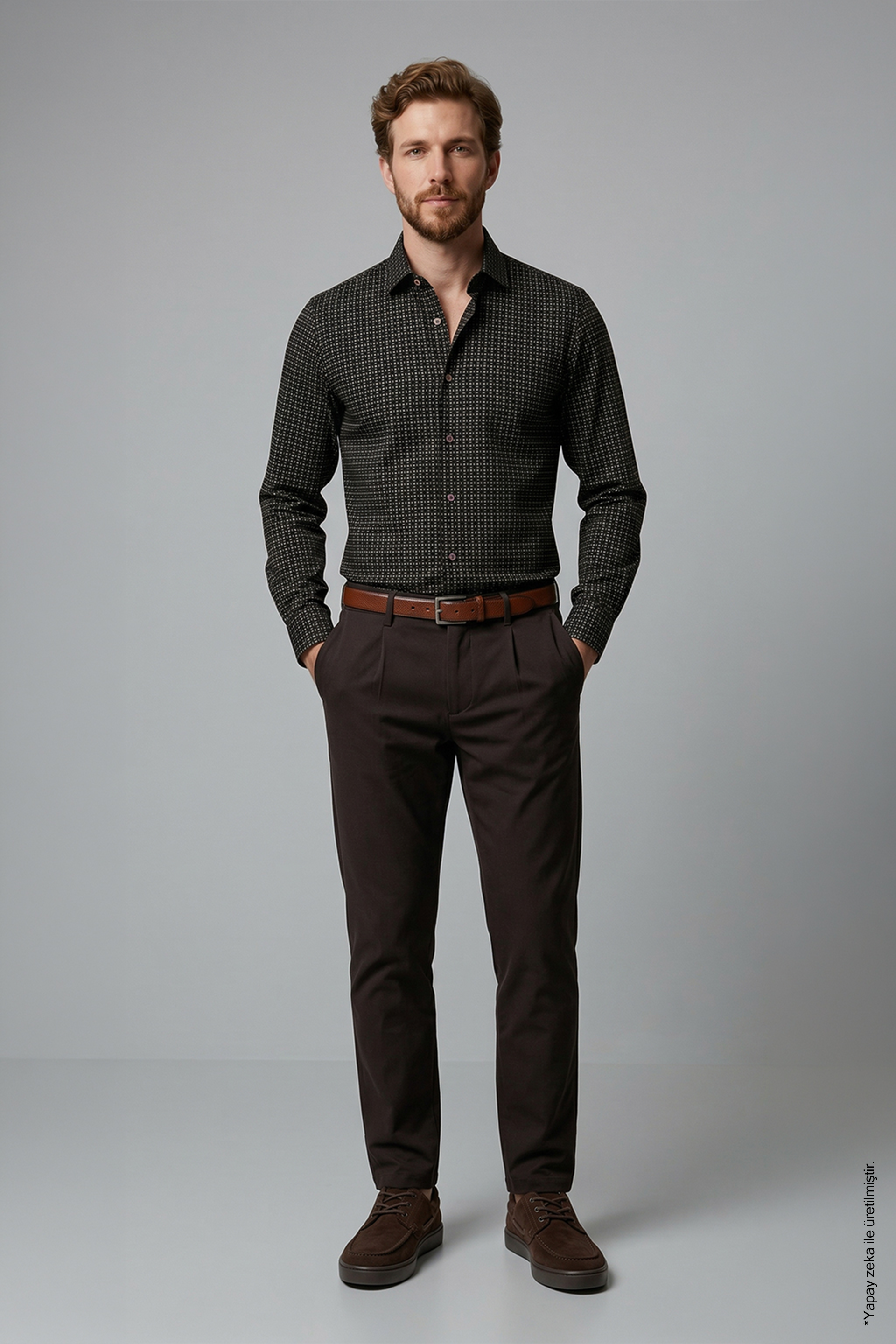 Siyah Uzun Kol Slim Fit Desenli Pamuk Erkek Gömlek