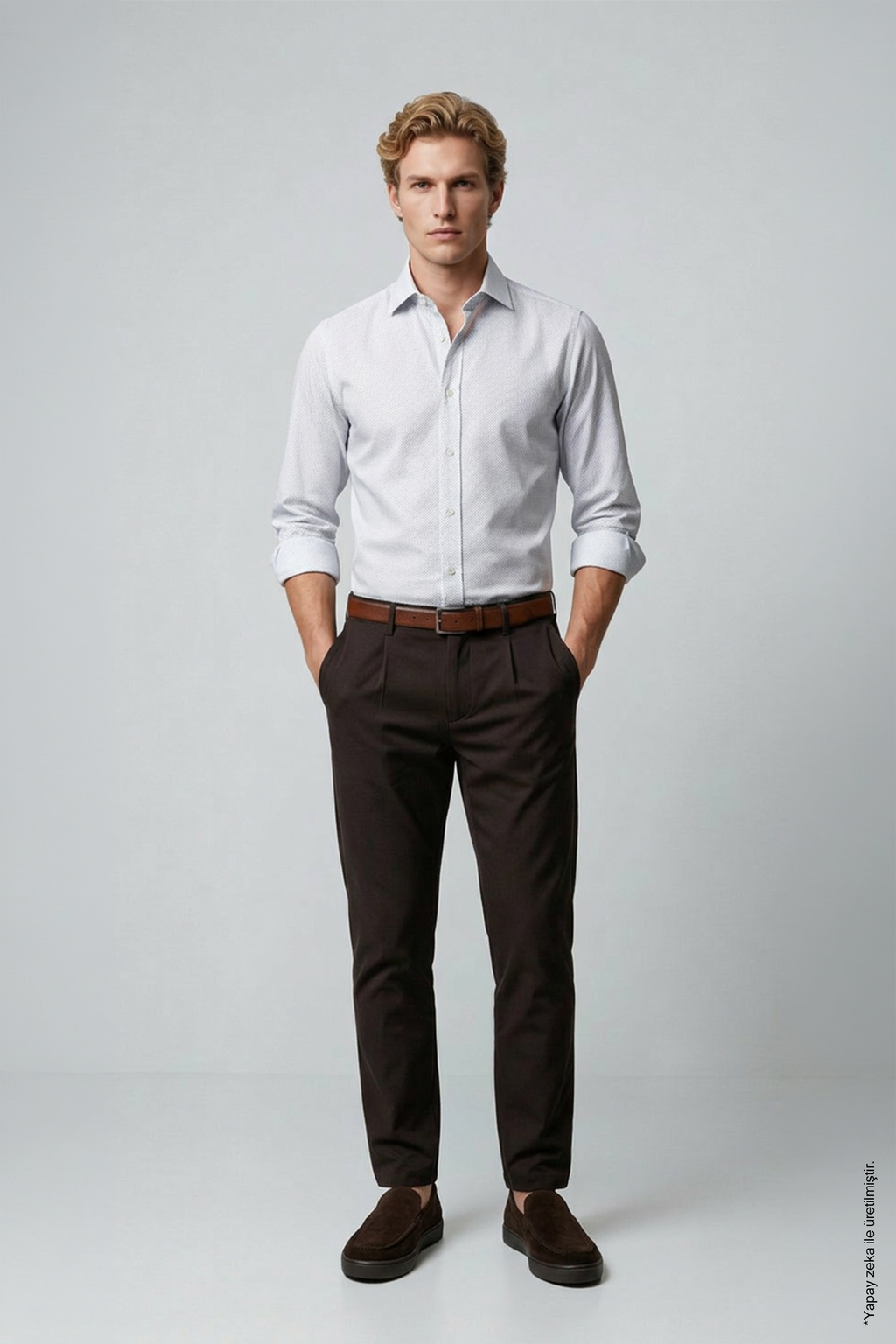 Beyaz Slim Fit Erkek Gömlek – Baskılı Pamuk Düğmeli Yaka