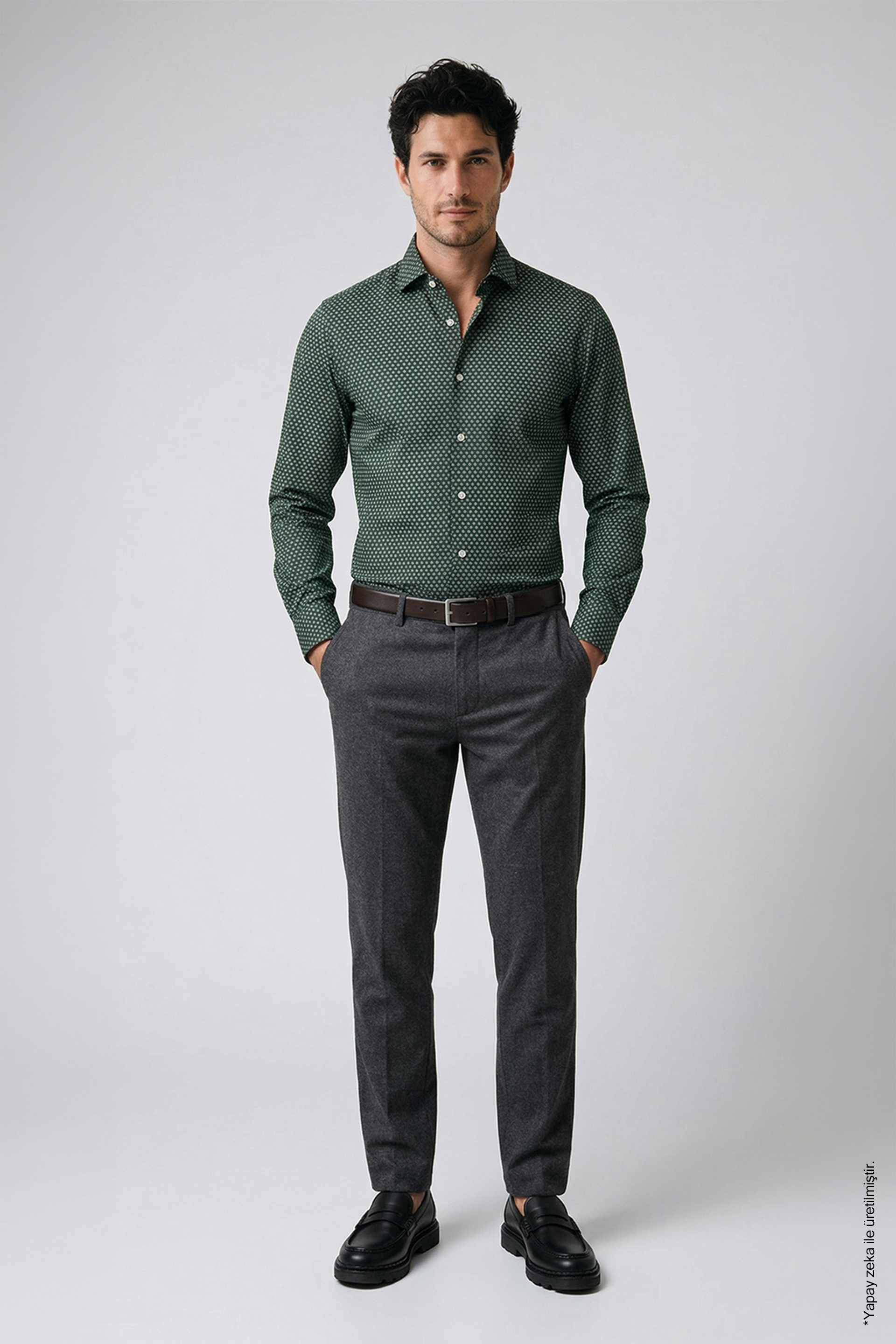 Koyu Yeşil Slim Fit Erkek Gömlek – Desenli Pamuk