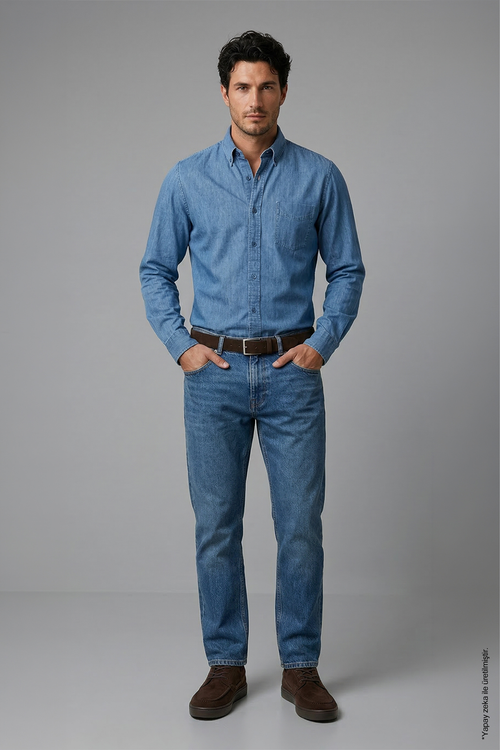İndigo Denim Erkek Gömlek – Regular Fit Düğmeli Yaka