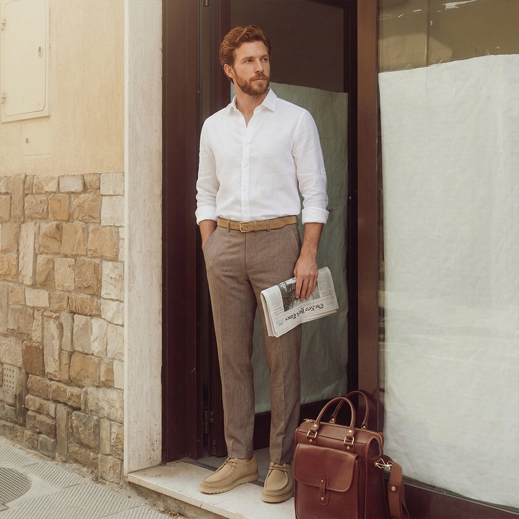 Белая мужская льняная рубашка с длинным рукавом Slim Fit