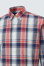 Açık Kırmızı Lacivert Uzun Kol Slim Fit Pamuk Ekose Erkek Gömlek