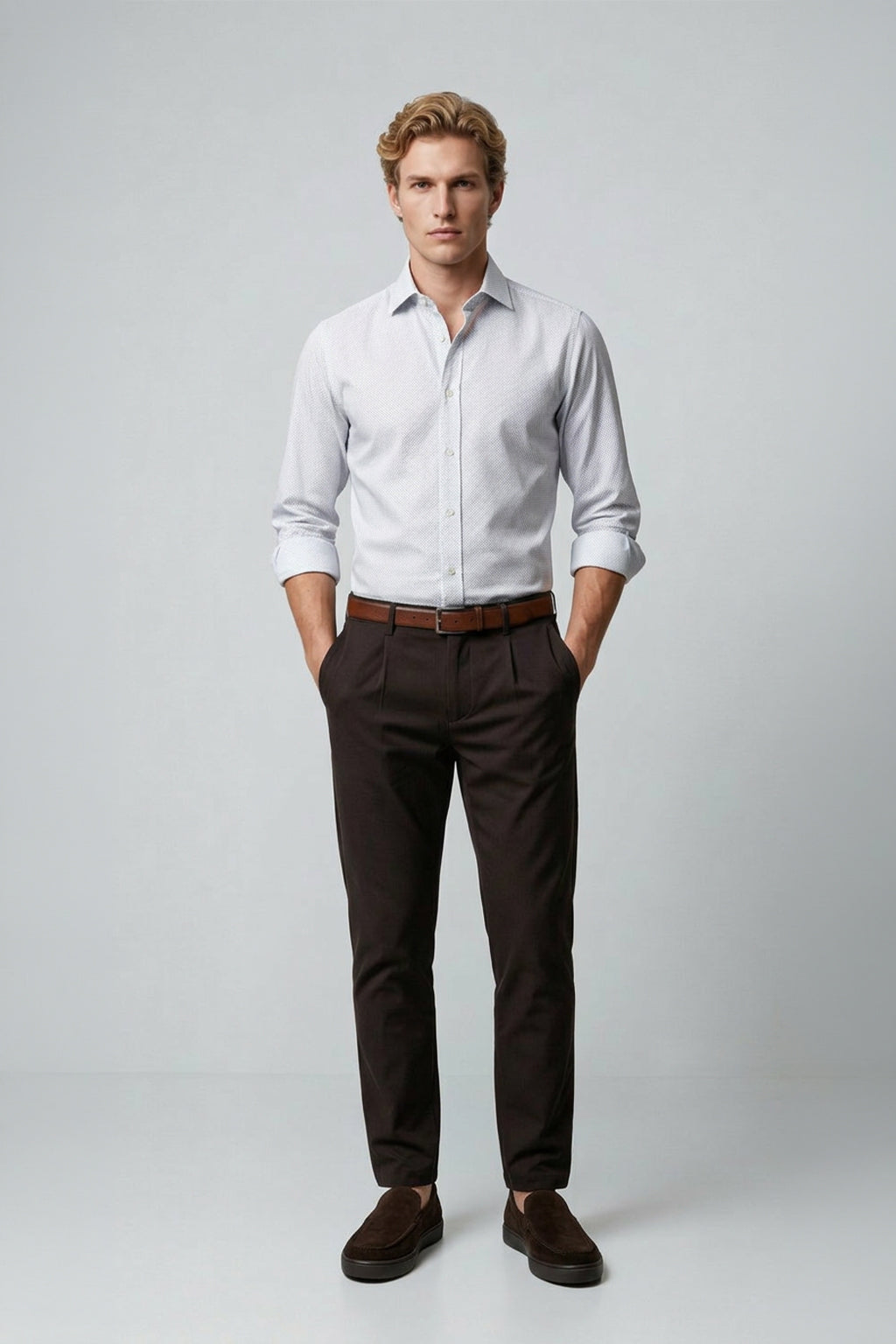 Beyaz Uzun Kol Slim Fit Dar Kesim Baskılı Düğmeli Yakma Pamuklu Erkek Gömlek