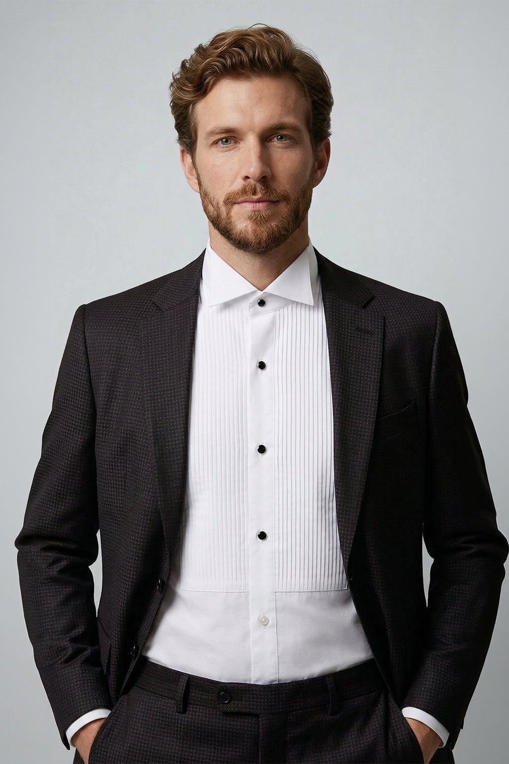 Beyaz Ata Yaka Slim Fit Dar Kesim Pamuk Piliseli Damatlık & Smokin Gömlek