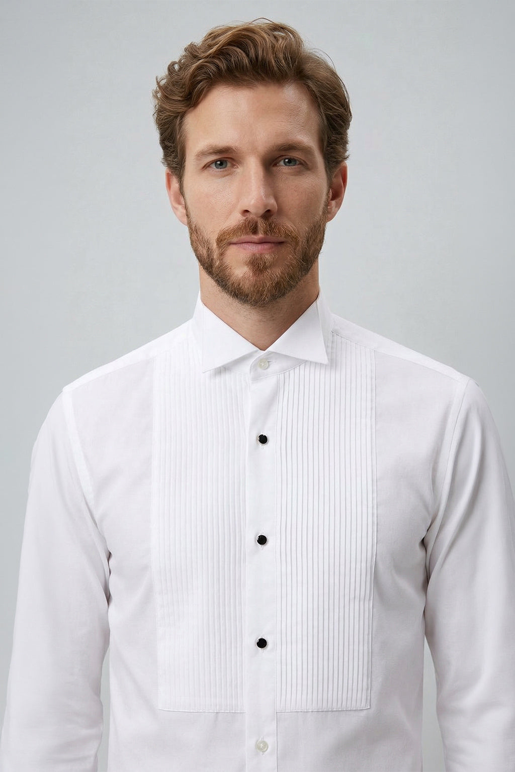 Beyaz Ata Yaka Slim Fit Dar Kesim Pamuk Piliseli Damatlık & Smokin Gömlek