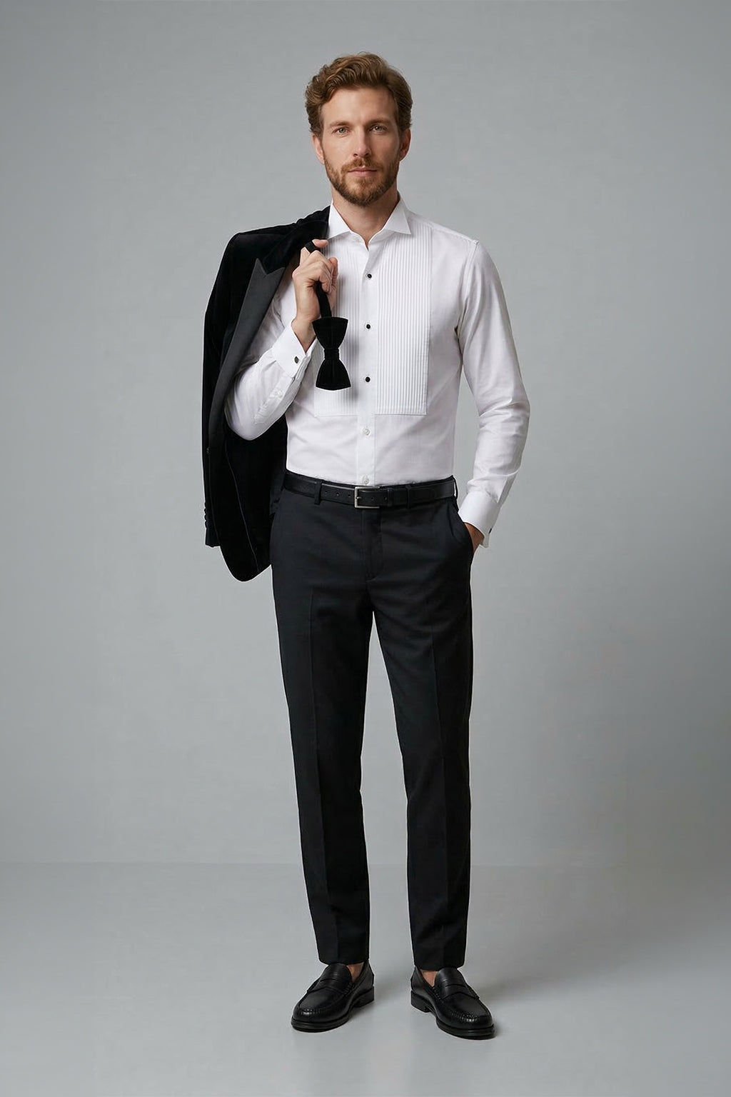 Beyaz Ata Yaka Slim Fit Dar Kesim Pamuk Piliseli Damatlık & Smokin Gömlek