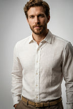 Белая мужская льняная рубашка с длинным рукавом Slim Fit