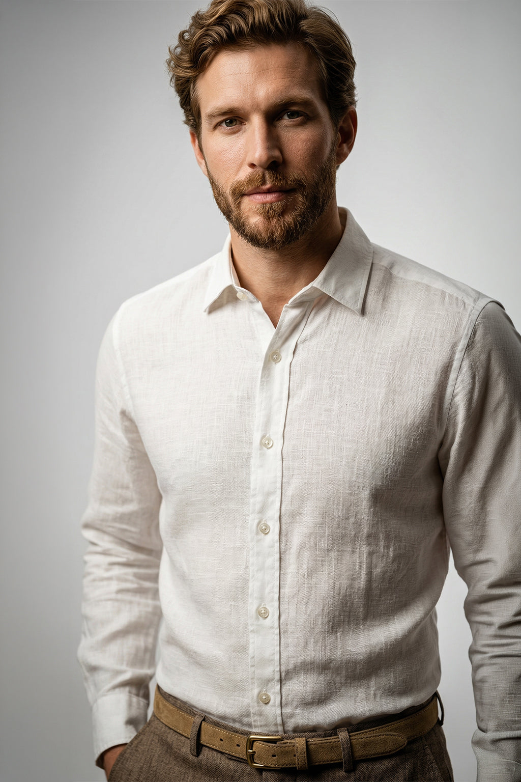 Beyaz Uzun Kol Slim Fit Keten Erkek Gömlek