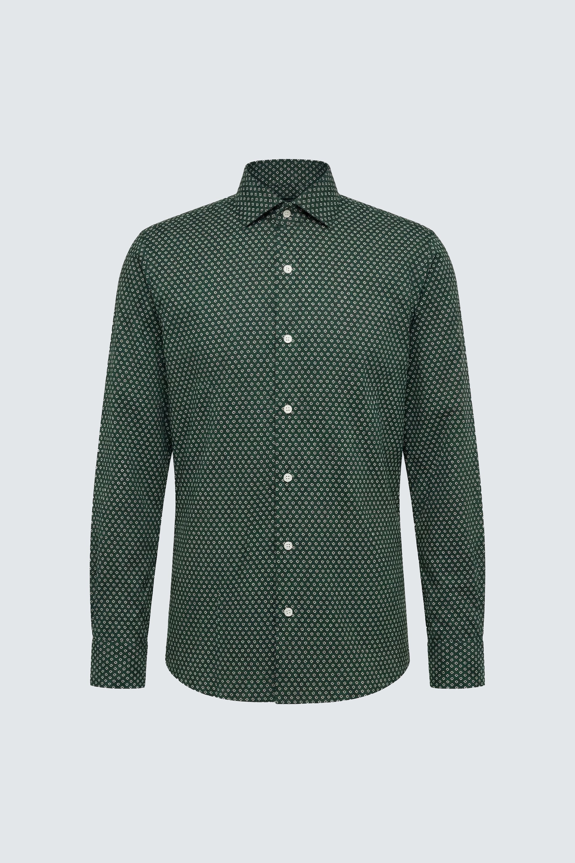 Koyu Yeşil Uzun Kol Slim Fit Desenli Pamuk Erkek Gömlek