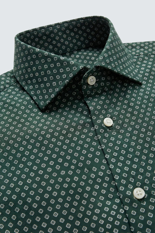 Koyu Yeşil Uzun Kol Slim Fit Desenli Pamuk Erkek Gömlek