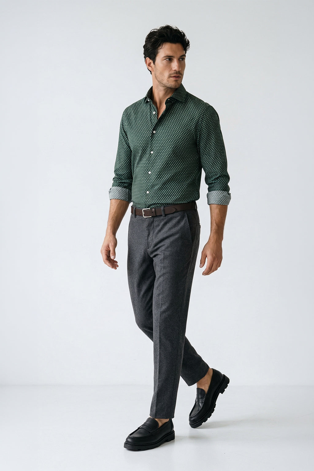 Dunkelgrünes Langarm Slim Fit Herrenhemd aus Baumwolle mit Muster