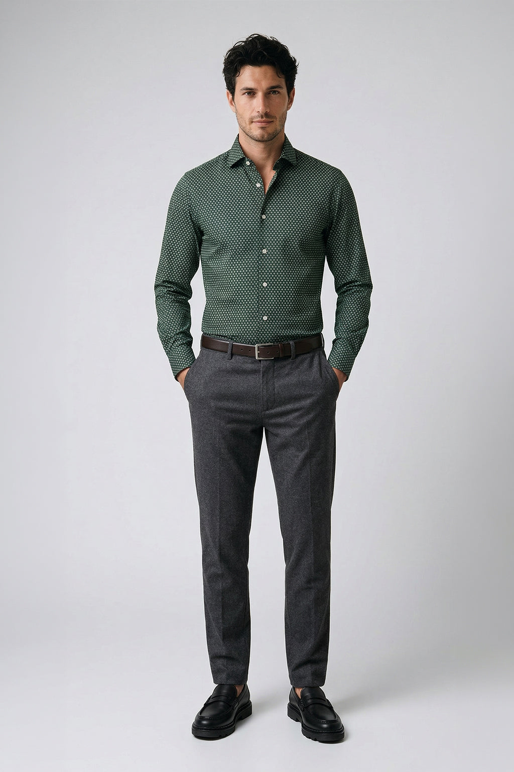 Dunkelgrünes Langarm Slim Fit Herrenhemd aus Baumwolle mit Muster