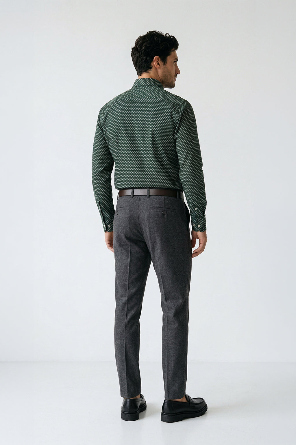 Koyu Yeşil Uzun Kol Slim Fit Desenli Pamuk Erkek Gömlek