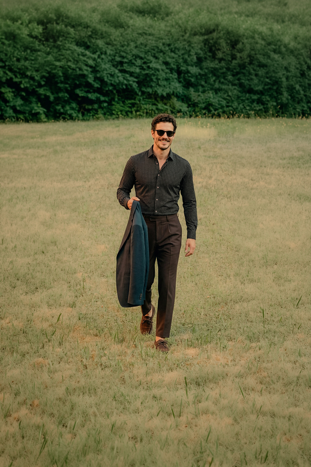 Schwarzes Langarm Slim Fit Gemustertes Baumwoll-Herrenhemd