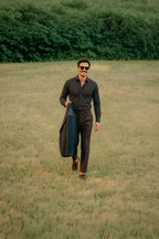 Schwarzes Langarm Slim Fit Gemustertes Baumwoll-Herrenhemd