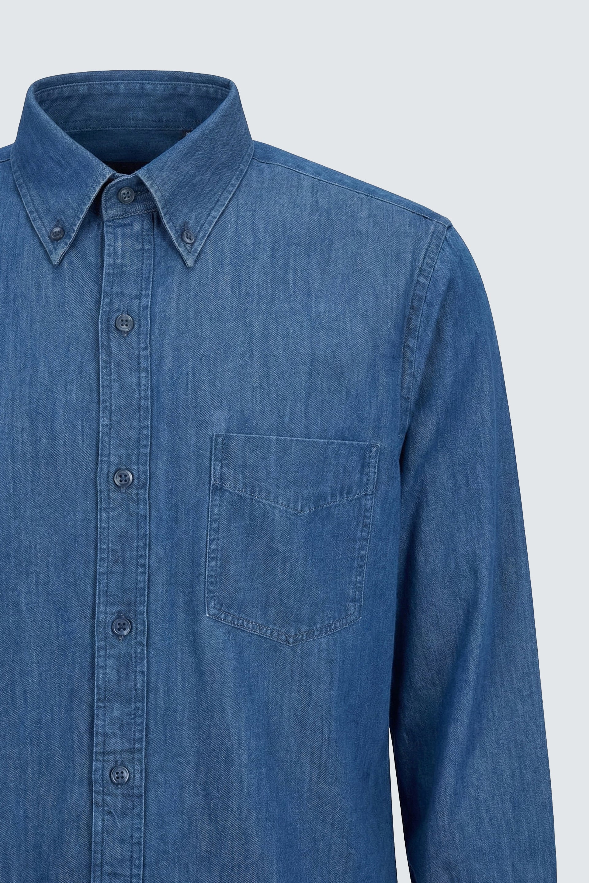 Uzun Kol Regular Fit Pamuk Düğmeli Yaka İndigo Denim Erkek Gömlek