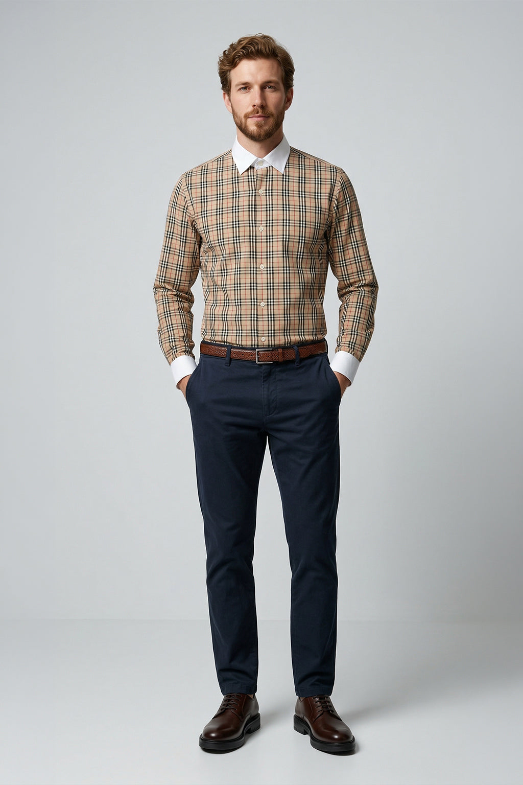 Long Sleeve Slim Fit 100% Cotton Plaid Shirt with Contrast Collar & Cuffs