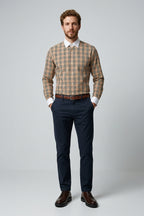 Long Sleeve Slim Fit 100% Cotton Plaid Shirt with Contrast Collar & Cuffs