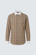 Long Sleeve Slim Fit 100% Cotton Plaid Shirt with Contrast Collar & Cuffs