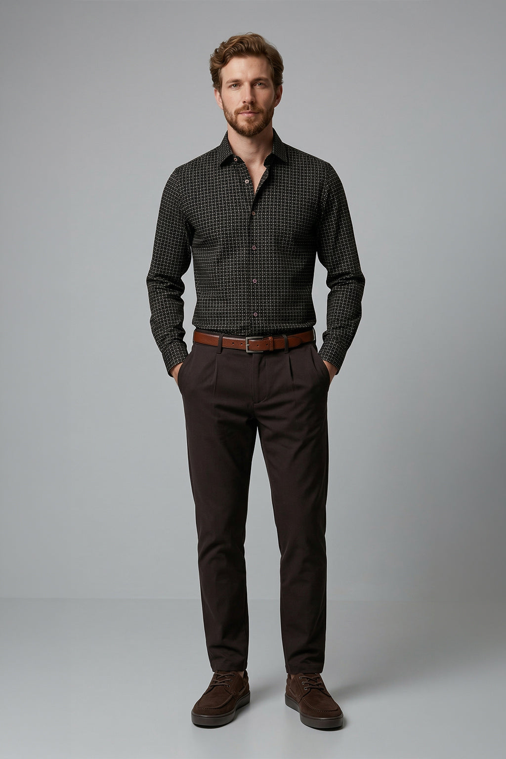 Siyah Uzun Kol Slim Fit Desenli Pamuk Erkek Gömlek