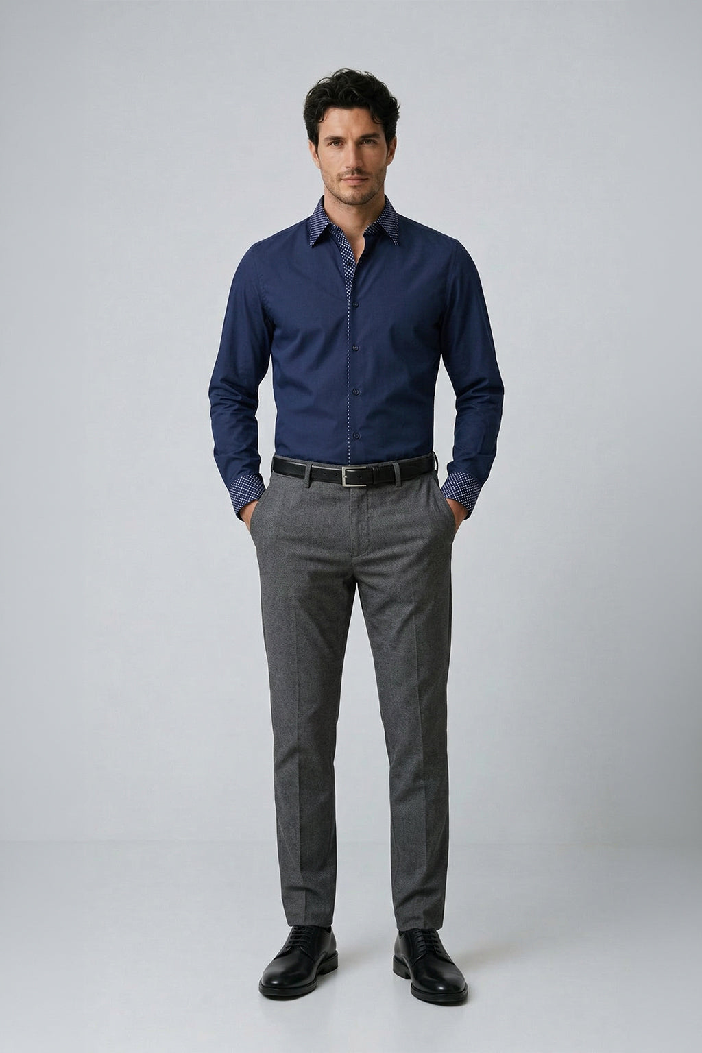 Мужская рубашка с длинным рукавом, облегающего кроя, из хлопка, с контрастным высоким воротником и двойными манжетами