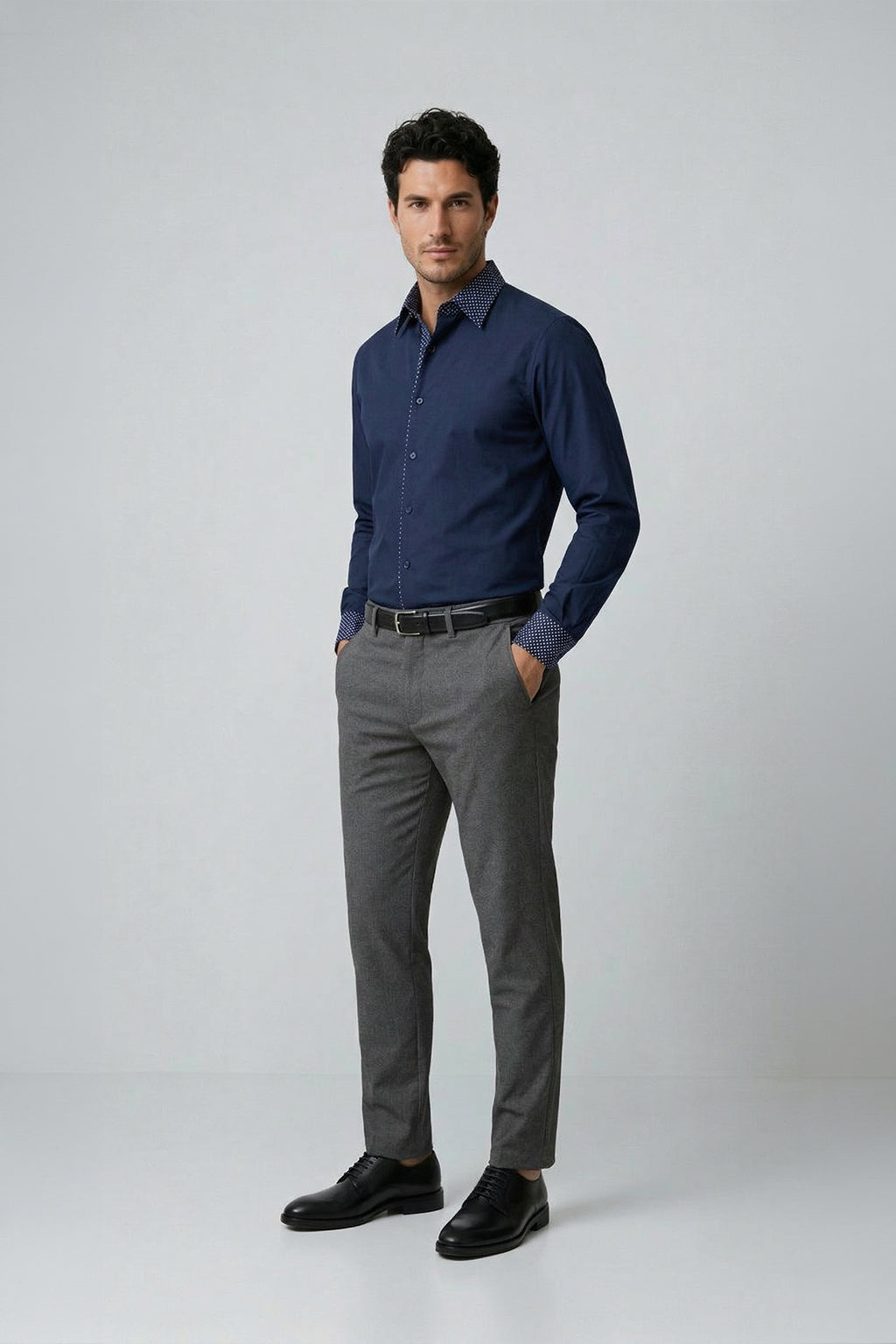 Uzun Kol Slim Fit Pamuk Kontrast Yüksek Yaka Ve Double Manşet Erkek Gömlek