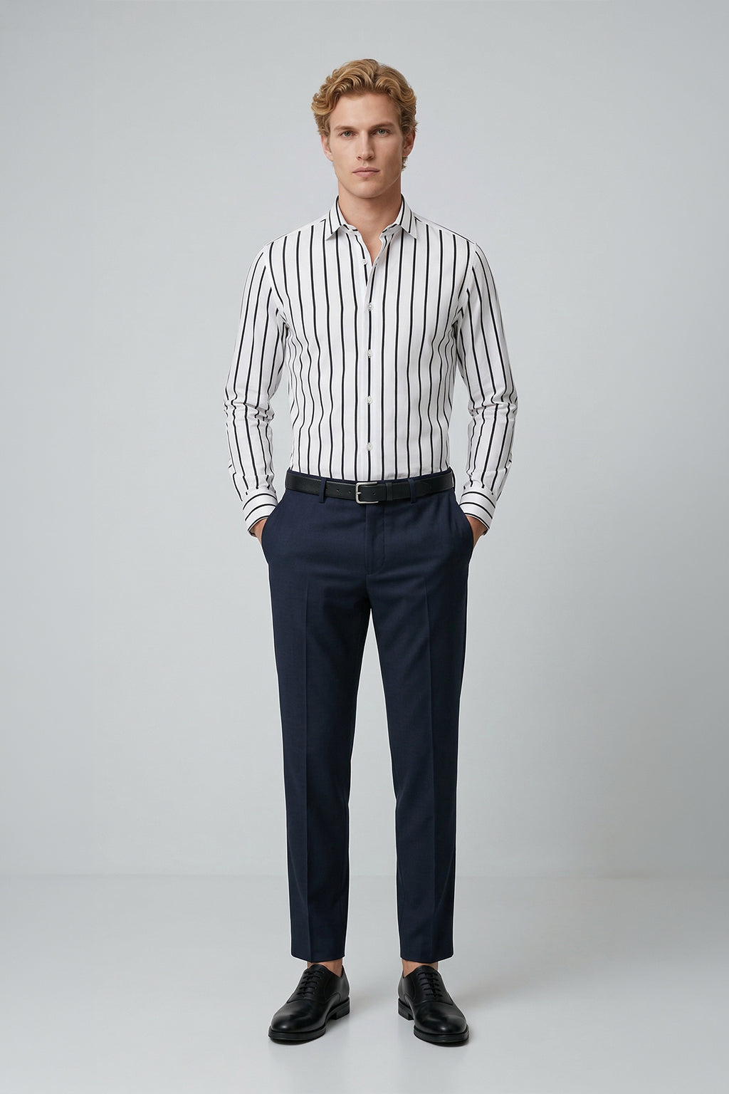 Chemise classique à manches longues en coton rayé noir pour homme