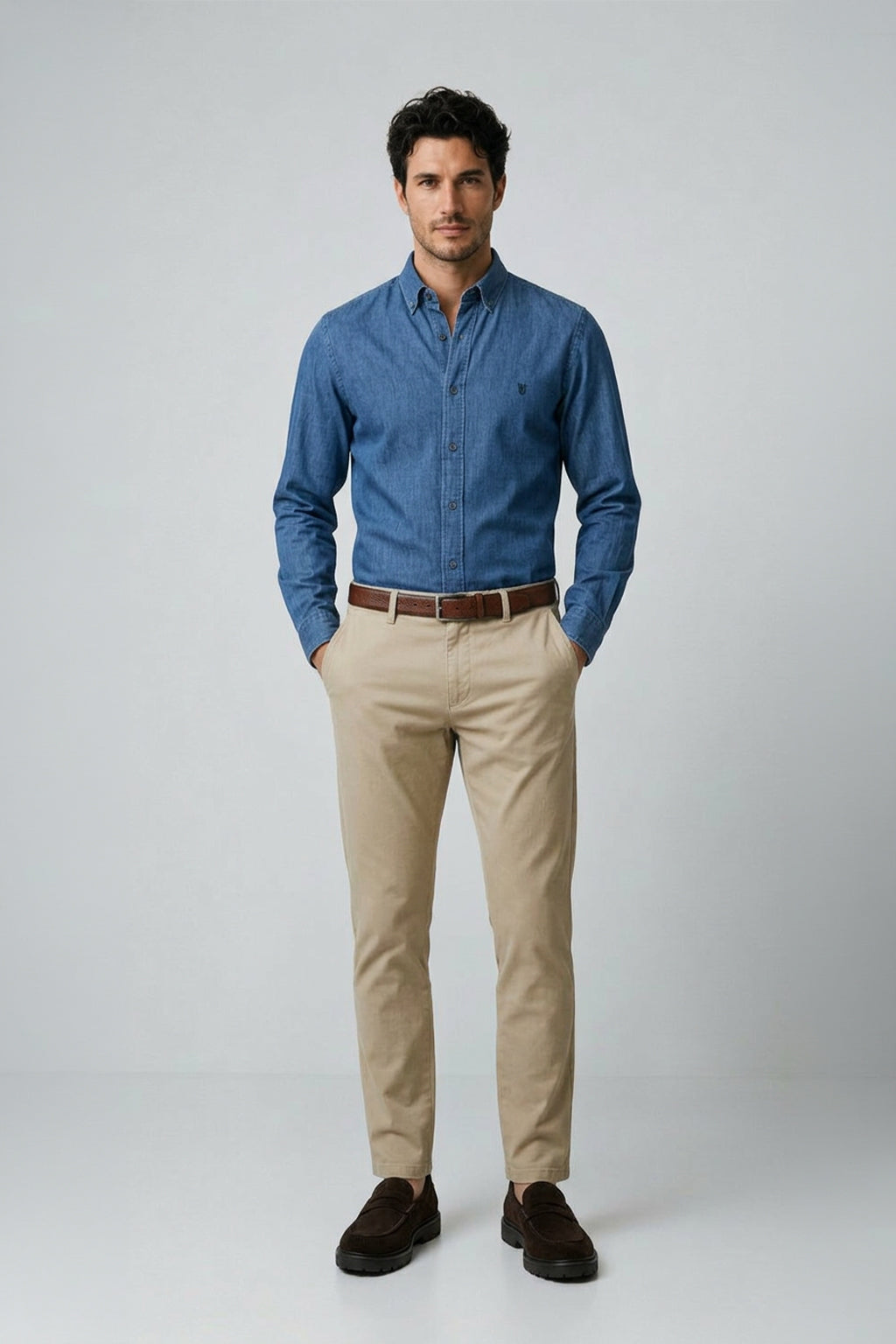 Uzun Kol Slim Fit Pamuk Düğmeli Yaka İndigo Denim Erkek Gömlek