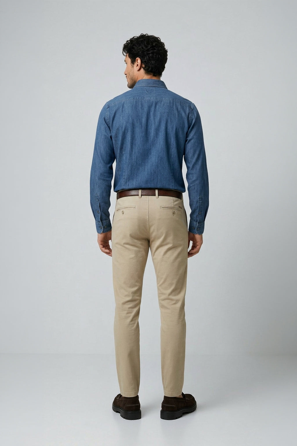 Uzun Kol Slim Fit Pamuk Düğmeli Yaka İndigo Denim Erkek Gömlek