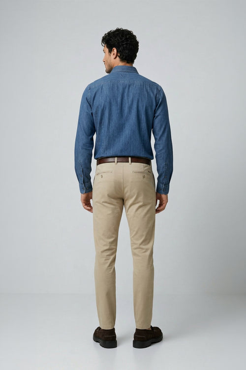 Camicia da Uomo Slim Fit a Maniche Lunghe in Cotone con Colletto Button-down in Denim Indigo