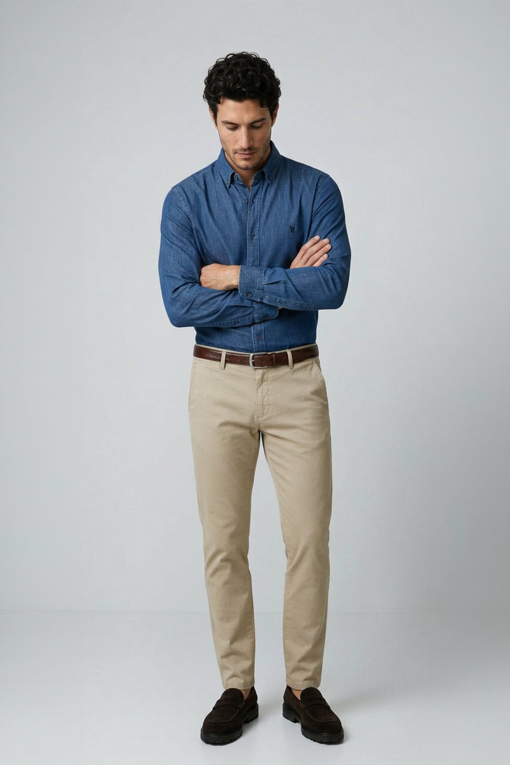 Uzun Kol Slim Fit Pamuk Düğmeli Yaka İndigo Denim Erkek Gömlek