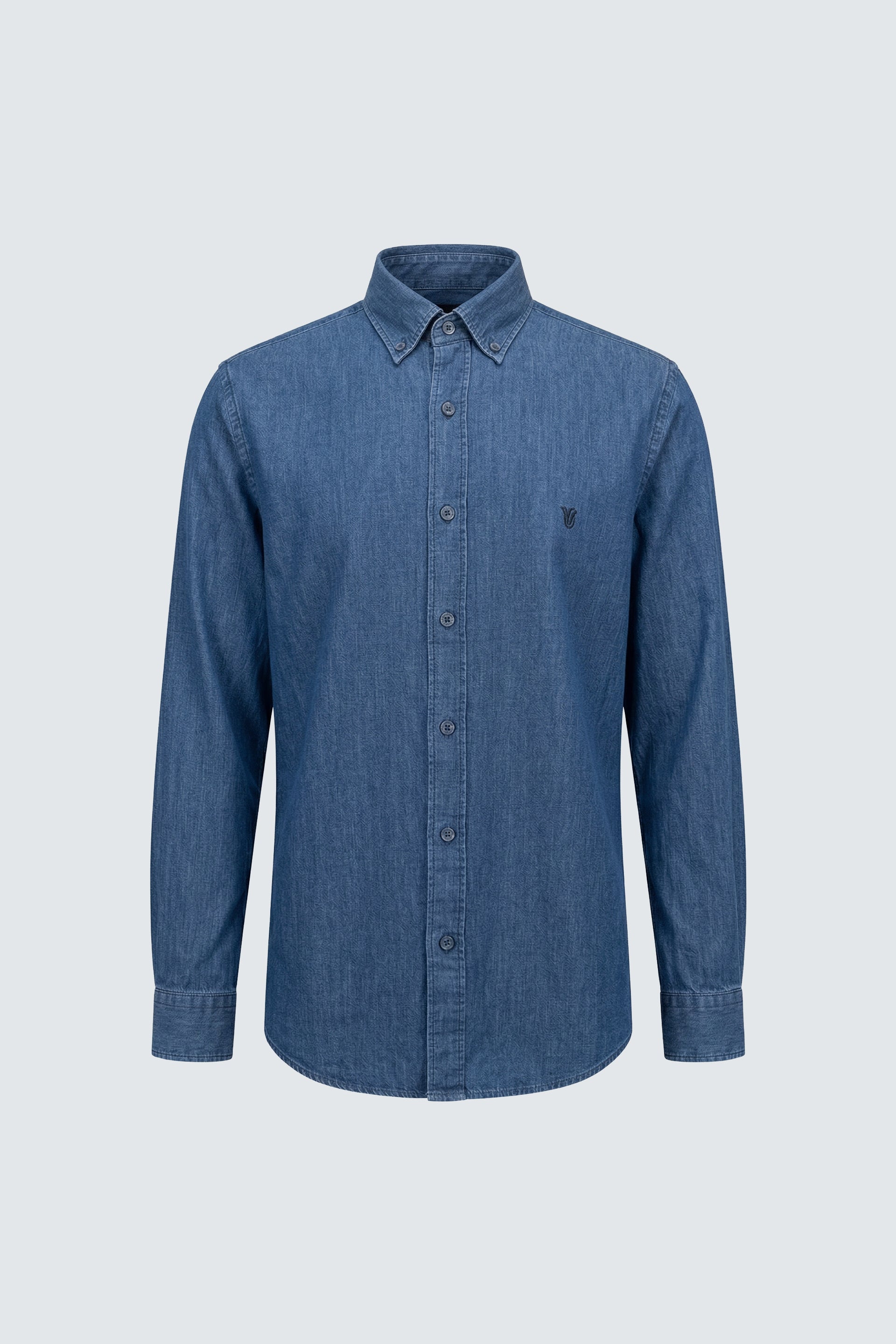 Uzun Kol Slim Fit Pamuk Düğmeli Yaka İndigo Denim Erkek Gömlek