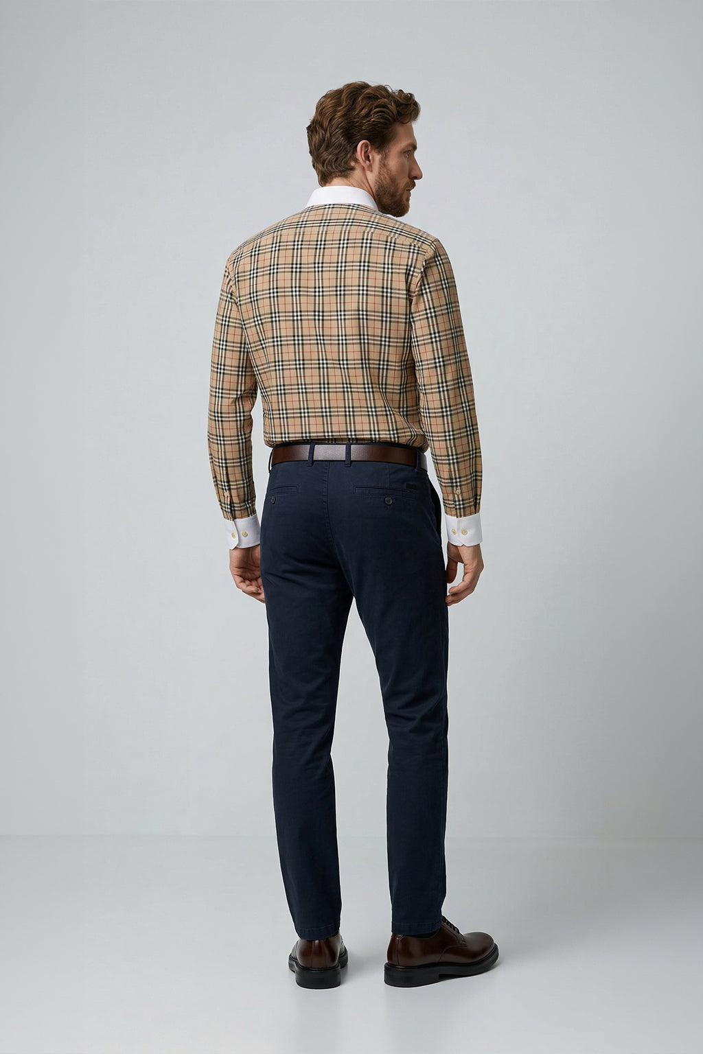 Long Sleeve Slim Fit 100% Cotton Plaid Shirt with Contrast Collar & Cuffs