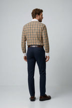 Long Sleeve Slim Fit 100% Cotton Plaid Shirt with Contrast Collar & Cuffs