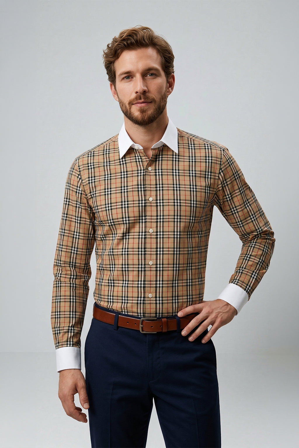 Long Sleeve Slim Fit 100% Cotton Plaid Shirt with Contrast Collar & Cuffs