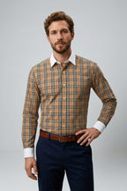 Long Sleeve Slim Fit 100% Cotton Plaid Shirt with Contrast Collar & Cuffs