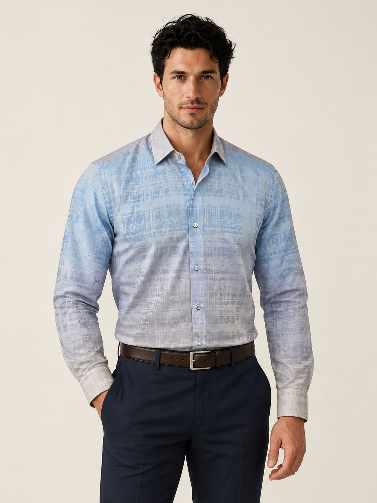 Açık Mavi Gri Degrade Dokulu Pamuk Uzun Kollu Slim Fit Erkek Gömlek