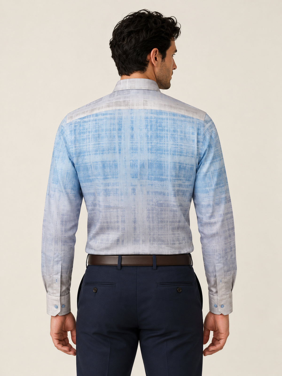 Açık Mavi Gri Degrade Dokulu Pamuk Uzun Kollu Slim Fit Erkek Gömlek