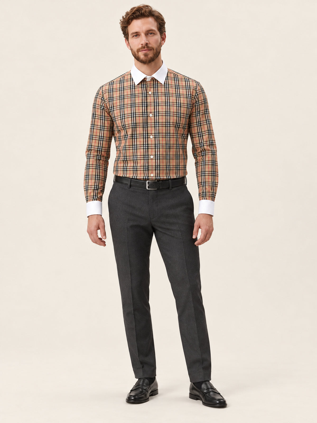 Slim Fit Erkek Gömlek – Ekose Kontrast Yaka Pamuk
