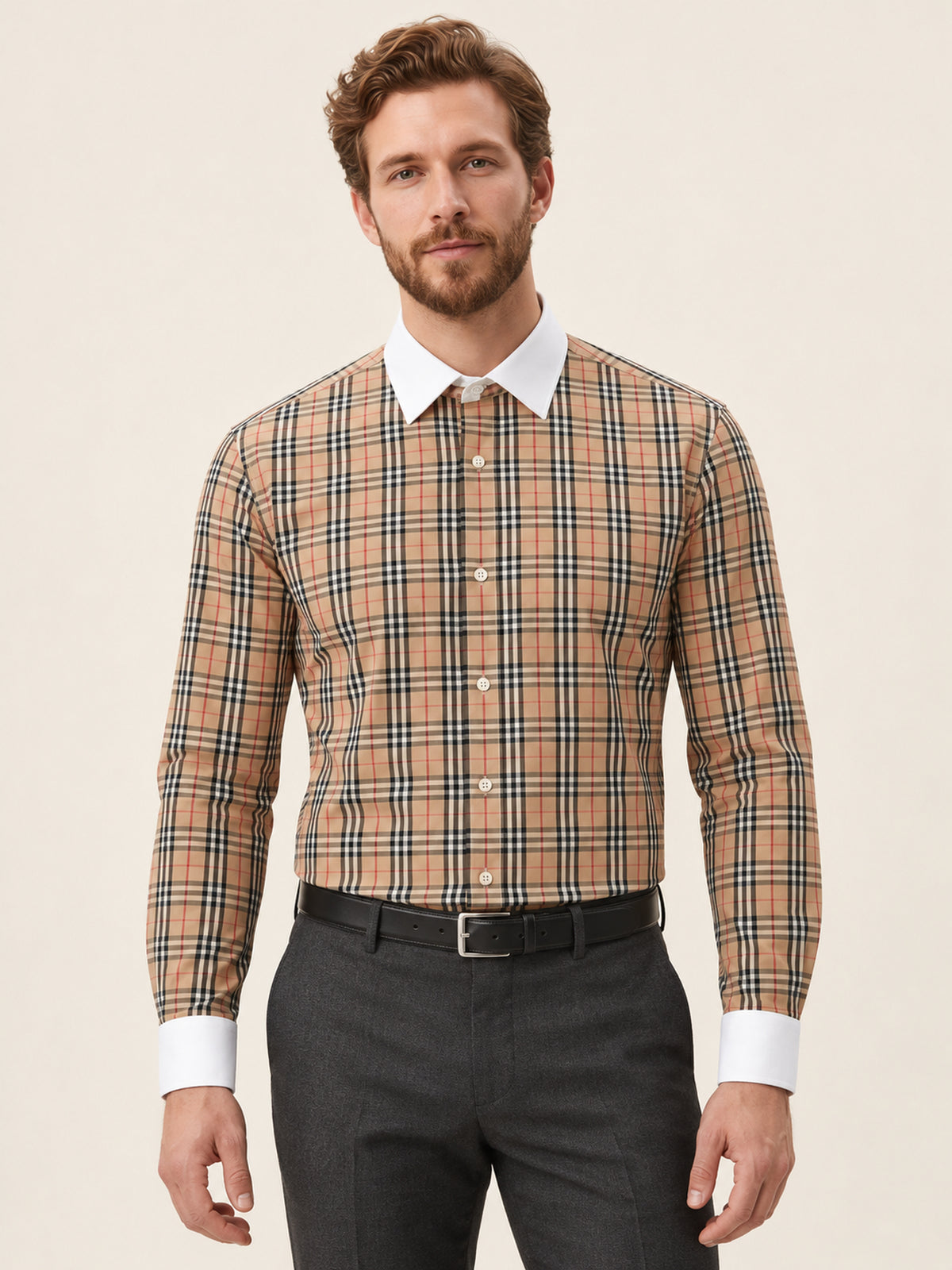 Slim Fit Erkek Gömlek – Ekose Kontrast Yaka Pamuk
