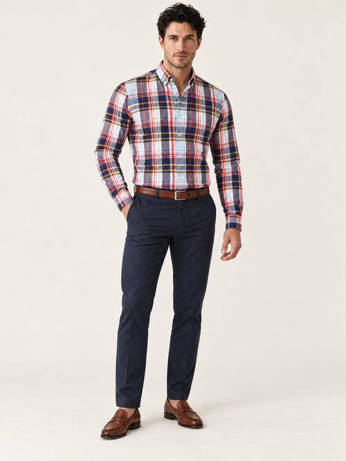 Beyaz Çok Renkli Ekose  Pamuk Düğmeli Yaka Slim Fit Erkek Gömlek