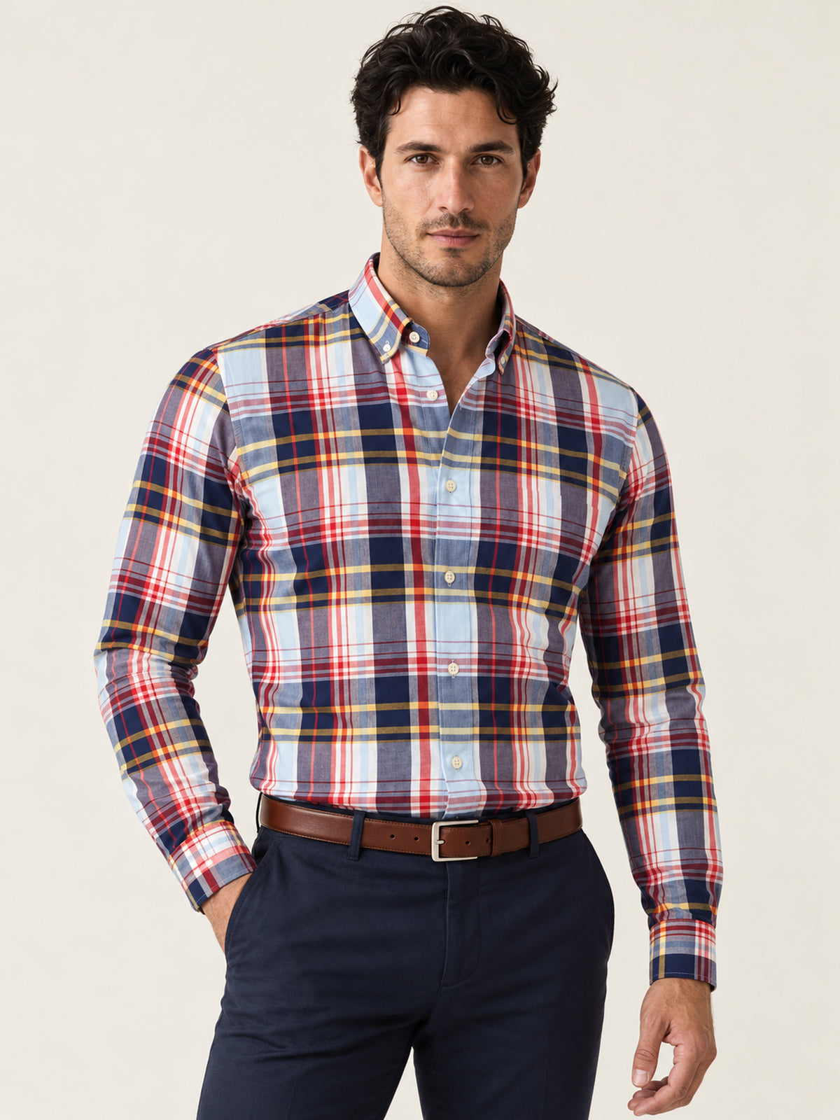 Beyaz Çok Renkli Ekose  Pamuk Düğmeli Yaka Slim Fit Erkek Gömlek