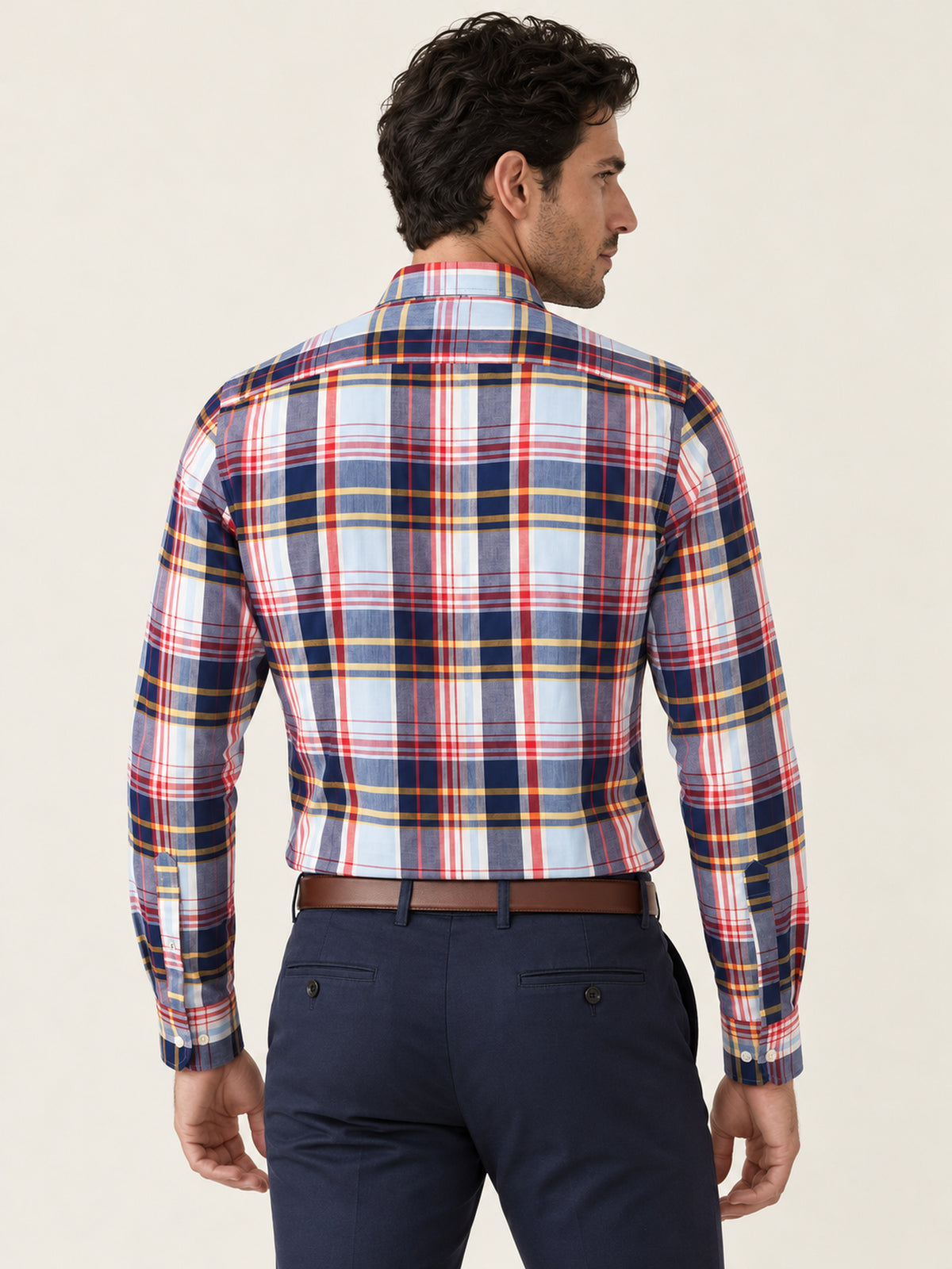 Beyaz Çok Renkli Ekose  Pamuk Düğmeli Yaka Slim Fit Erkek Gömlek