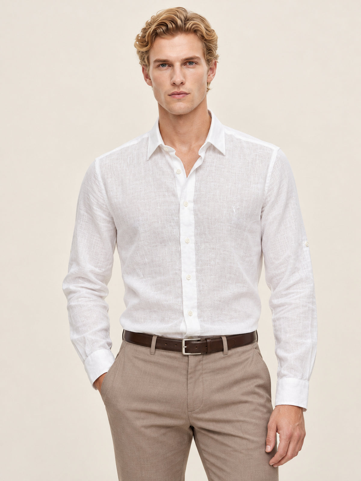 Beyaz Slim Fit Erkek Gömlek – Keten Yazlık